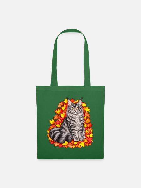 Herbstkatze auf Blätterkranz - Stoffbeutel - Fichte