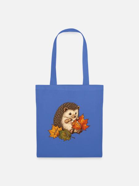 Süßer Igel näht Herbstblätter - Stoffbeutel - Hellblau