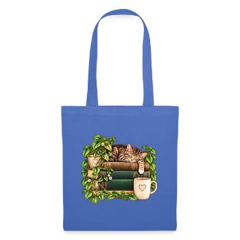 Katzenruhe auf Bücherstapel - Stoffbeutel - Hellblau - Vorne