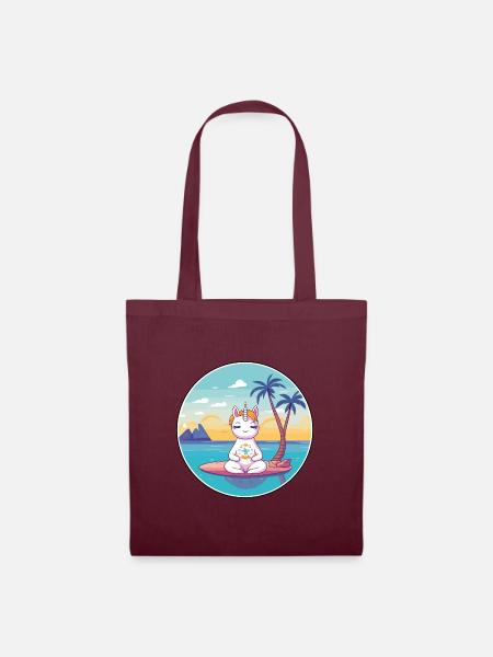 Einhorn-Cartoon-Yoga-Strand-Sommer-Illustration - Stoffbeutel - Burgunderrot