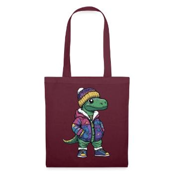 Dinosaurier mit Winterjacke und Mütze - Stoffbeutel - Burgunderrot - Vorne