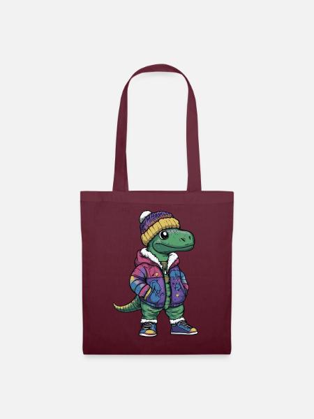 Dinosaurier mit Winterjacke und Mütze - Stoffbeutel - Burgunderrot