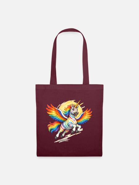 Regenbogen-Einhorn mit Flügeln - Stoffbeutel - Burgunderrot