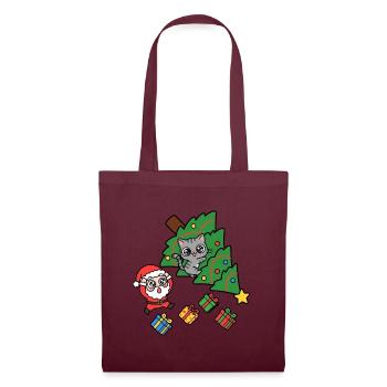 Fröhliche Katze und Weihnachtsbaum - Stoffbeutel - Burgunderrot - Vorne