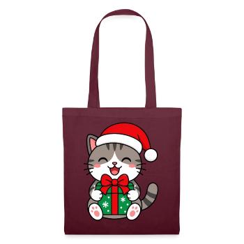 Kawaii-Katze mit Weihnachtsgeschenk - Stoffbeutel - Burgunderrot - Vorne