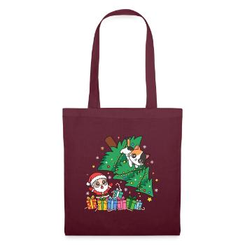 Weihnachtskatze zwischen Baum und Geschenken - Stoffbeutel - Burgunderrot - Vorne