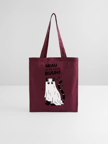 Miau äh ich meine Buuh! - Katze Gespenst Halloween - Stoffbeutel - Burgunderrot - Vorne