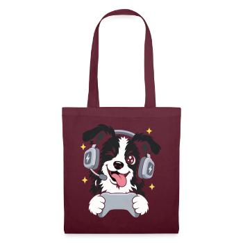 Gaming Border Collie mit Headset und Controller - Stoffbeutel - Burgunderrot - Vorne