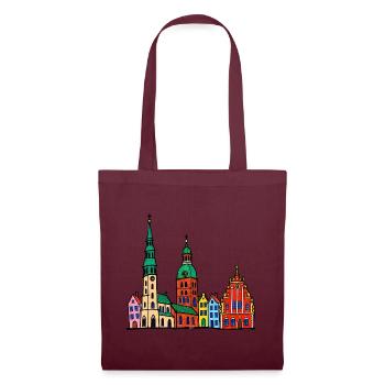 Riga Skyline im bunten Wachsmalstil - Stoffbeutel - Burgunderrot - Vorne