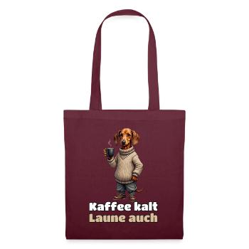 Kaffee kalt, Laune auch – Dackel im Gravur-Stil - Stoffbeutel - Burgunderrot - Vorne