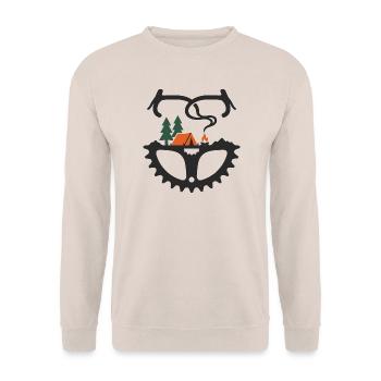 Bikepacking-Zelt auf dem Fahrrad Kettenflügel-Lagerfeuer-Kunst - Unisex Pullover - Sand - Vorne - Alina (178cm) & Michal (187cm)