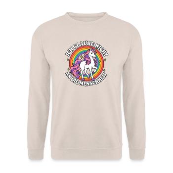 Ich glaube nicht an die Menschheit – Einhorn - Unisex Pullover - Sand - Vorne - Alina (178cm) & Michal (187cm)