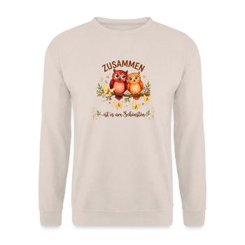 Zusammen ist es am Schönsten Eulen Shirt - Unisex Pullover - Sand - Vorne - Alina (178cm) & Michal (187cm)