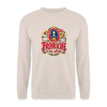 O du fröhliche Weihnachtspullover Engel Krippe - Unisex Pullover - Sand - Vorne - Alina (178cm) & Michal (187cm)