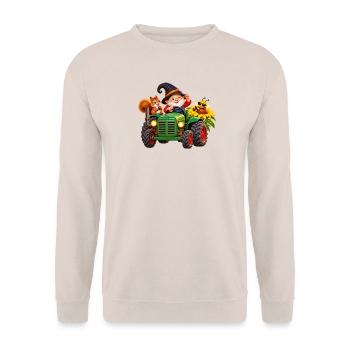 Fröhlicher Wichtel -Traktor im Gartenzauber - Unisex Pullover - Sand - Vorne - Alina (178cm) & Michal (187cm)