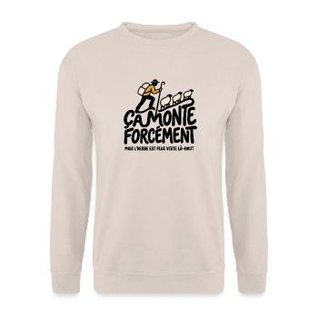 Es geht unvermeidlich nach oben – Humor Transhumanz Montagne - Unisex Pullover - Sand - Vorne - Alina (178cm) & Michal (187cm)