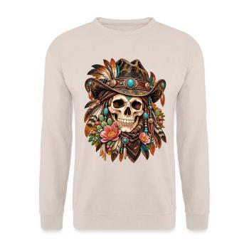 Totenkopf, Totenkopf, Biker, Totenkopf, Cowboyhut - Unisex Pullover - Sand - Vorne - Alina (178cm) & Michal (187cm)