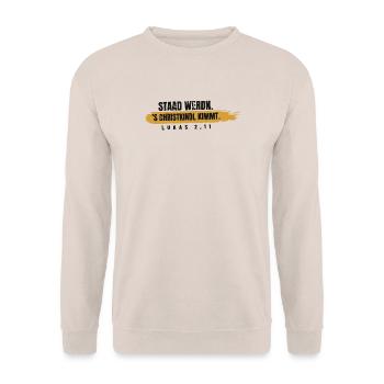 Staad werdn – 's Christkindl kimmt - Unisex Pullover - Sand - Vorne - Alina (178cm) & Michal (187cm)