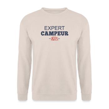 Camping-Humor-Camper-Experte - Unisex Pullover - Sand - Vorne - Alina (178cm) & Michal (187cm)