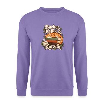 Bücher, Kaffee & Katzen – Gemütliche Lesepause - Unisex Pullover - Lavendel - Vorne