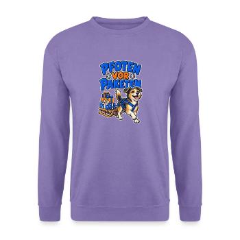 Pfoten vor Paketen – Hund im Weihnachtsmodus - Unisex Pullover - Lavendel - Vorne