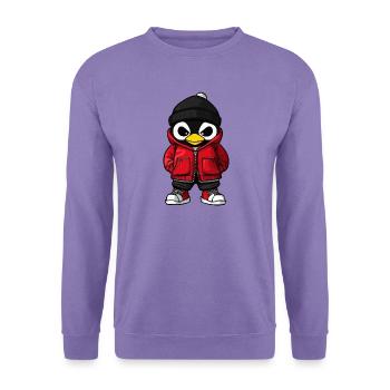 Pinguin mit roter Winterjacke und Mütze - Unisex Pullover - Lavendel - Vorne