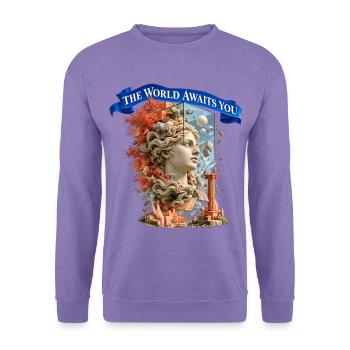 The World Awaits You – Surreale Weltreise - Unisex Pullover - Lavendel - Vorne
