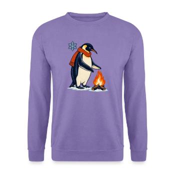 Pinguin mit Schal am Lagerfeuer - Unisex Pullover - Lavendel - Vorne