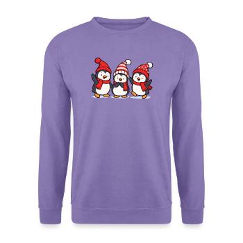 Drei Pinguine mit Wintermützen als Wichtel - Unisex Pullover - Lavendel - Vorne