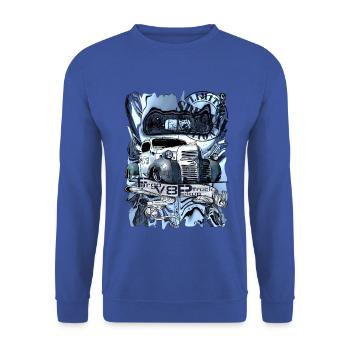 Blauer Rosttruck Kunstmotiv - Unisex Pullover - Royalblau - Vorne - Alina (178cm) & Michal (187cm)