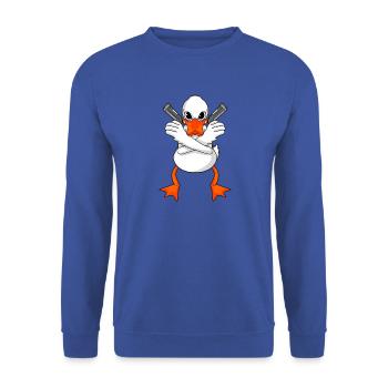 Ente mit Pistole - Unisex Pullover - Royalblau - Vorne - Alina (178cm) & Michal (187cm)