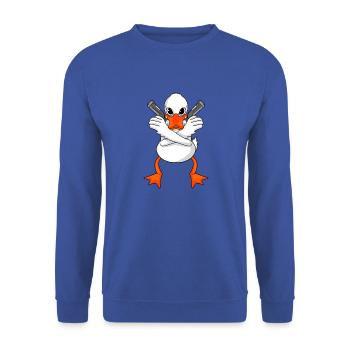 Ente mit Pistole - Unisex Pullover - Royalblau - Vorne - Alina (178cm) & Michal (187cm)