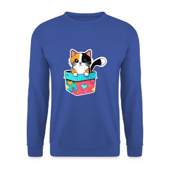 Eine orangefarbene Katze in einer Schachtel mit ihrem leuchtenden - Unisex Pullover - Royalblau - Vorne - Alina (178cm) & Michal (187cm)