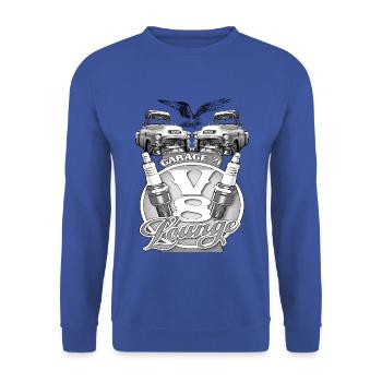 V8 Garage Lounge Oldtimer - Unisex Pullover - Royalblau - Vorne - Alina (178cm) & Michal (187cm)