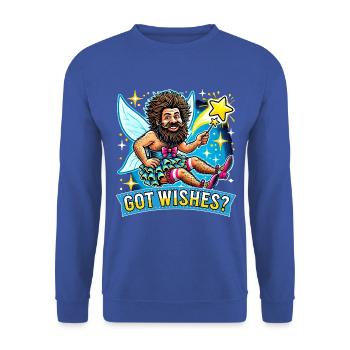 Got wishes? Lustiges Motiv mit Fee (Mann) & Spruch - Unisex Pullover - Royalblau - Vorne - Alina (178cm) & Michal (187cm)