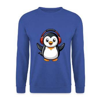 Pinguin Lustige Zeichentrickfigur Kopfhörermusik - Unisex Pullover - Royalblau - Vorne - Alina (178cm) & Michal (187cm)