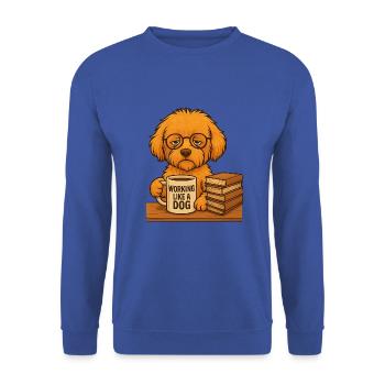 Working Like a Dog – Müder Maltipoo Bürohund - Unisex Pullover - Royalblau - Vorne - Alina (178cm) & Michal (187cm)