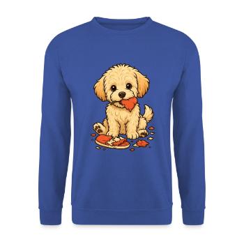 Frecher Maltipoo mit zerkaute Hausschuhen - Unisex Pullover - Royalblau - Vorne - Alina (178cm) & Michal (187cm)