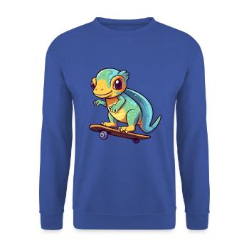 Lustige Chamäleon-Kawaii-Karikatur, die Skateboard spielt - Unisex Pullover - Royalblau - Vorne - Alina (178cm) & Michal (187cm)