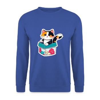 Eine orangefarbene Katze in einer Kiste, mit ihrem Fell - Unisex Pullover - Royalblau - Vorne - Alina (178cm) & Michal (187cm)