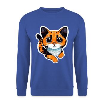 Eine orangefarbene Katze erinnert mit ihrem leuchtenden Fell an eine - Unisex Pullover - Royalblau - Vorne - Alina (178cm) & Michal (187cm)