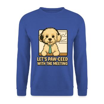 Let’s Paw-ceed – Maltipoo Meeting Design - Unisex Pullover - Royalblau - Vorne - Alina (178cm) & Michal (187cm)
