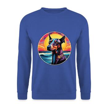 Dobermann Hunderasse Buntes Karikatur-Aquarell - Unisex Pullover - Royalblau - Vorne - Alina (178cm) & Michal (187cm)