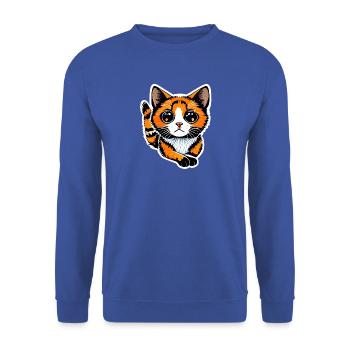 Eine orangefarbene Katze mit ihrem leuchtenden Fell, - Unisex Pullover - Royalblau - Vorne - Alina (178cm) & Michal (187cm)