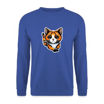 Eine orangefarbene Katze mit ihrem leuchtenden Fell, - Unisex Pullover - Royalblau - Vorne - Alina (178cm) & Michal (187cm)