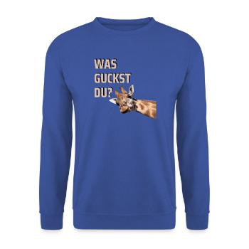 Was guckst du? Lustige Giraffe Spruch Geschenk - Unisex Pullover - Royalblau - Vorne - Alina (178cm) & Michal (187cm)