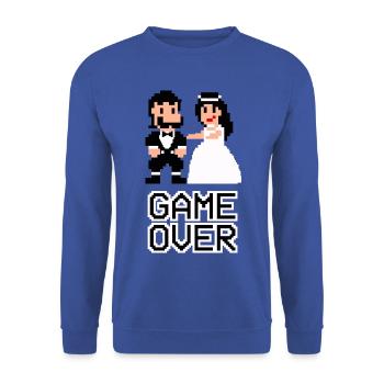 Game Over - Paar - Hochzeit - Pixel - Gamer - Unisex Pullover - Royalblau - Vorne - Alina (178cm) & Michal (187cm)