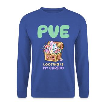 Cozy Gamer PvE Schatztruhe Looting Design - Unisex Pullover - Royalblau - Vorne - Alina (178cm) & Michal (187cm)
