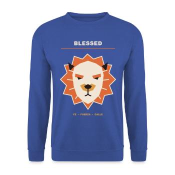 Straßengeometrischer Löwe - Unisex Pullover - Royalblau - Vorne - Alina (178cm) & Michal (187cm)