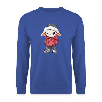 Schaf mit Winterjacke und Fellmütze - Unisex Pullover - Royalblau - Vorne - Alina (178cm) & Michal (187cm)